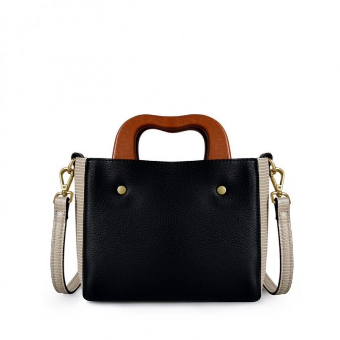 High quality pu contrast color  shoulder bag with wooden handle